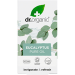 Front of a Dr Organic Eucalyptus Oil 10ml box featuring a green label with eucalyptus leaves on a white background.
