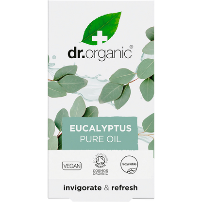 Front of a Dr Organic Eucalyptus Oil 10ml box featuring a green label with eucalyptus leaves on a white background.