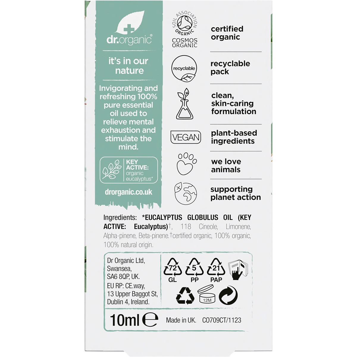 Back of the Dr Organic 100% Pure Eucalyptus Oil 10ml box featuring product information and ingredients.