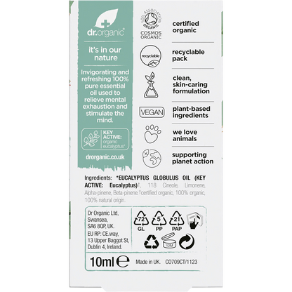 Back of the Dr Organic 100% Pure Eucalyptus Oil 10ml box featuring product information and ingredients.