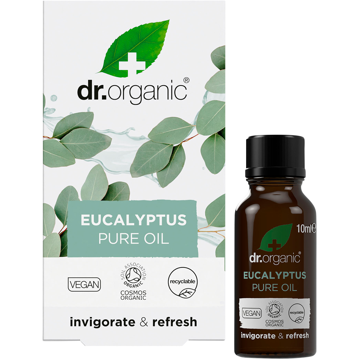 Dr Organic 100% Pure Eucalyptus Oil 10ml bottle shown with its green and white retail box on a white background.