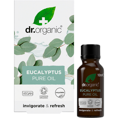 Dr Organic 100% Pure Eucalyptus Oil 10ml bottle shown with its green and white retail box on a white background.