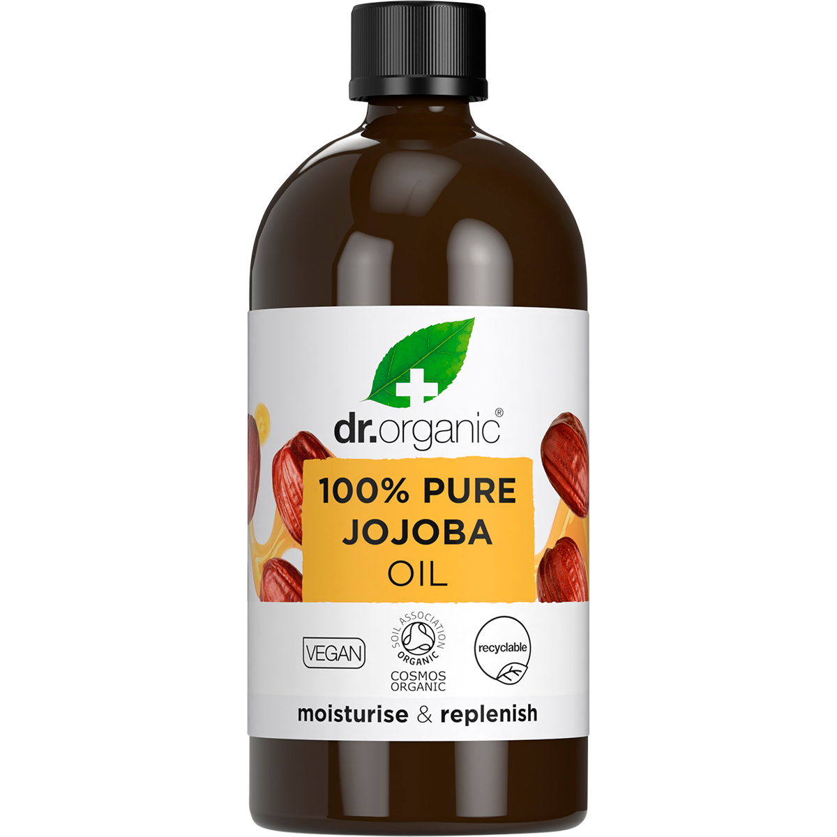 100ml glass bottle of Dr Organic 100% Pure Jojoba Oil with a gold-labeled dropper and natural botanical illustrations.