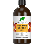 100ml glass bottle of Dr Organic 100% Pure Jojoba Oil with a gold-labeled dropper and natural botanical illustrations.