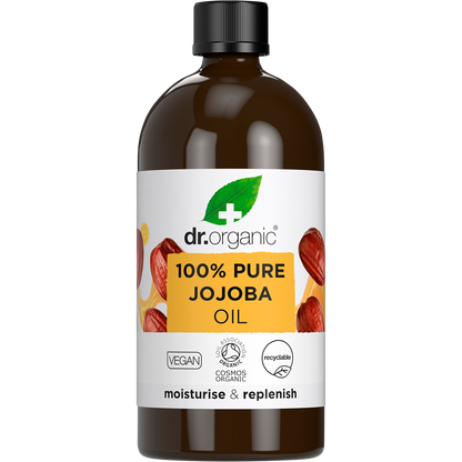 100ml glass bottle of Dr Organic 100% Pure Jojoba Oil with a gold-labeled dropper and natural botanical illustrations.
