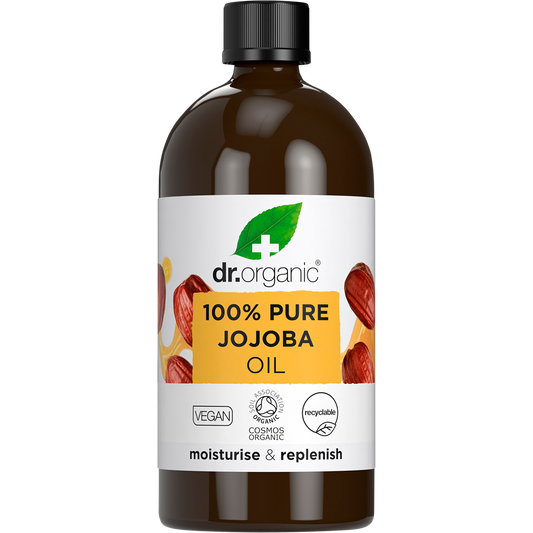 100ml glass bottle of Dr Organic 100% Pure Jojoba Oil with a gold-labeled dropper and natural botanical illustrations.