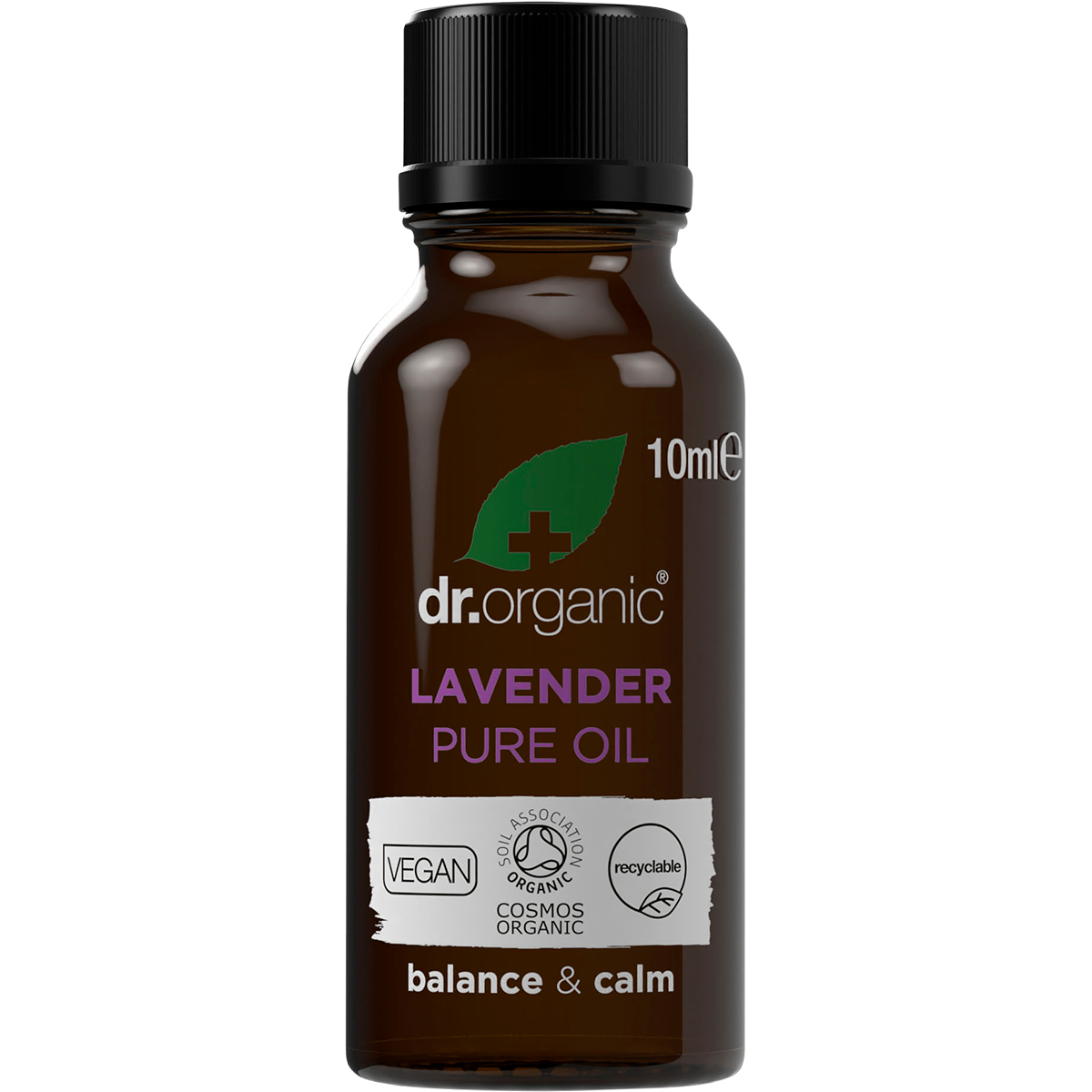 10ml bottle of Dr Organic 100% Pure Lavender Oil with a purple label and dropper cap on a white background.