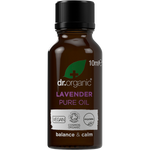 10ml bottle of Dr Organic 100% Pure Lavender Oil with a purple label and dropper cap on a white background.