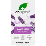 Dr Organic Lavender Oil 100% Pure 10ml product box with a purple floral design on a white background.
