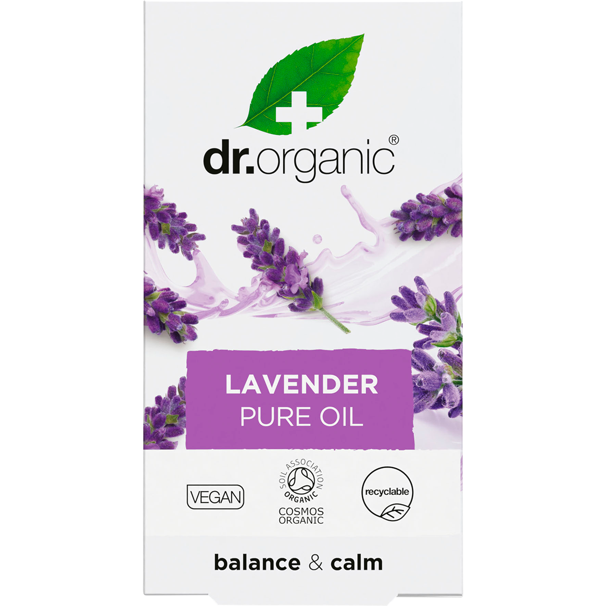 Dr Organic Lavender Oil 100% Pure 10ml product box with a purple floral design on a white background.