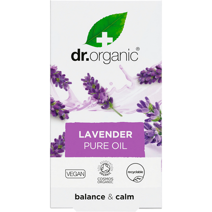 Dr Organic Lavender Oil 100% Pure 10ml product box with a purple floral design on a white background.