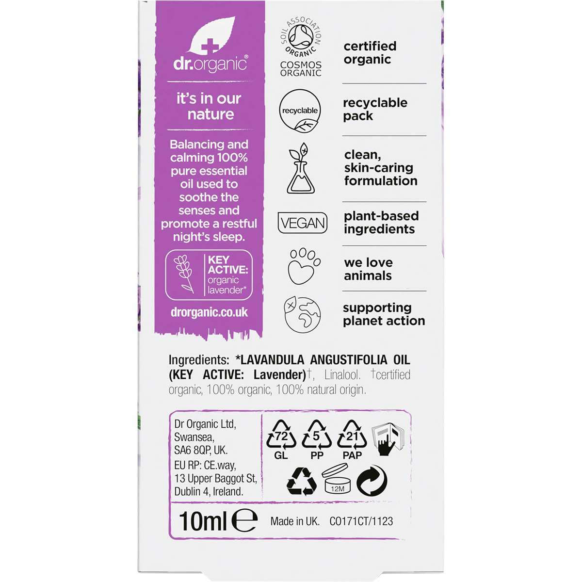 Back of Dr Organic Lavender Oil 10ml box with directions, ingredients, and organic certification logos.