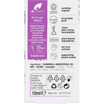Back of Dr Organic Lavender Oil 10ml box with directions, ingredients, and organic certification logos.