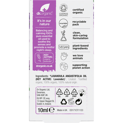 Back of Dr Organic Lavender Oil 10ml box with directions, ingredients, and organic certification logos.