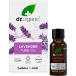 Dr Organic Lavender Oil 10ml bottle and box with purple floral design on a white background.
