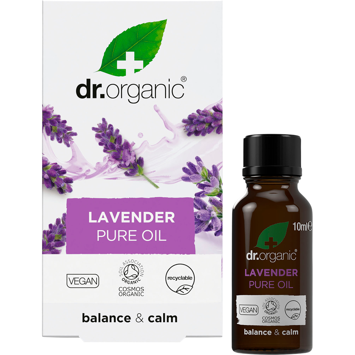 Dr Organic Lavender Oil 10ml bottle and box with purple floral design on a white background.