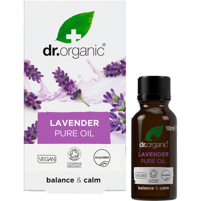 Dr Organic Lavender Oil 10ml bottle and box with purple floral design on a white background.