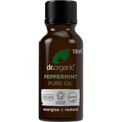 Dr Organic Peppermint Oil 10ml bottle with a dropper lid, 100% pure and certified organic, on a white background.