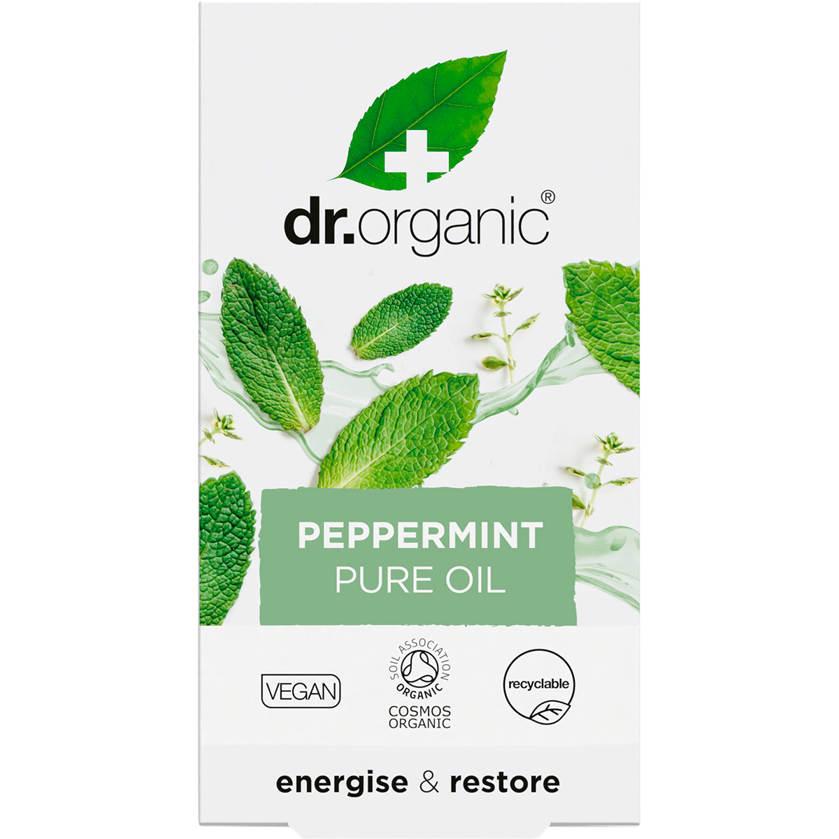 Front of Dr Organic Peppermint Oil box with a green leaf design and 100% pure certified organic label.