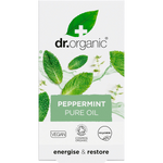 Front of Dr Organic Peppermint Oil box with a green leaf design and 100% pure certified organic label.