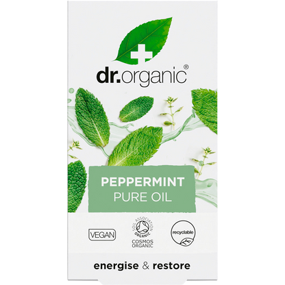 Front of Dr Organic Peppermint Oil box with a green leaf design and 100% pure certified organic label.