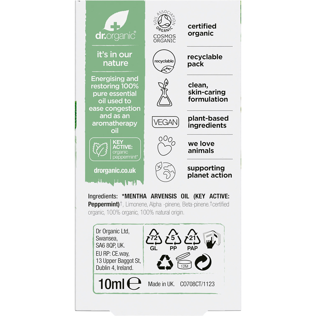 Back of Dr Organic Peppermint Oil box with product benefits, ingredients, and directions for use on a white background.