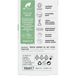 Back of Dr Organic Peppermint Oil box with product benefits, ingredients, and directions for use on a white background.