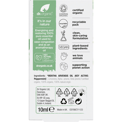 Back of Dr Organic Peppermint Oil box with product benefits, ingredients, and directions for use on a white background.