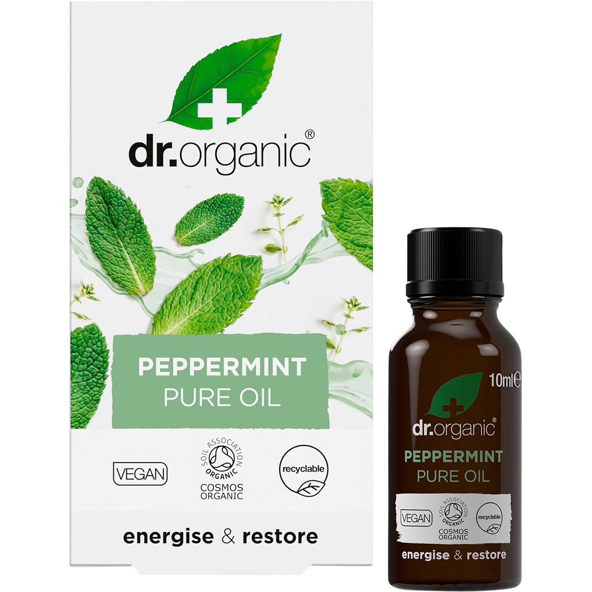 Dr Organic Peppermint Oil 10ml bottle next to its white and green box on a white background.