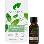 Dr Organic Peppermint Oil 10ml bottle next to its white and green box on a white background.