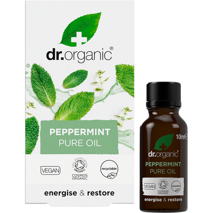 Dr Organic Peppermint Oil 10ml bottle next to its white and green box on a white background.