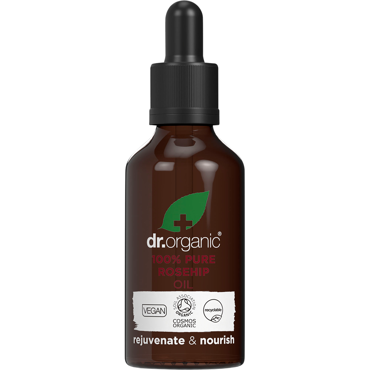 50ml bottle of Dr Organic 100% Pure Rosehip Oil with a dropper pipette on a white background.