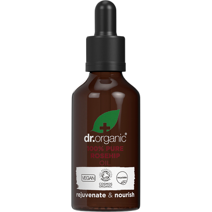 50ml bottle of Dr Organic 100% Pure Rosehip Oil with a dropper pipette on a white background.