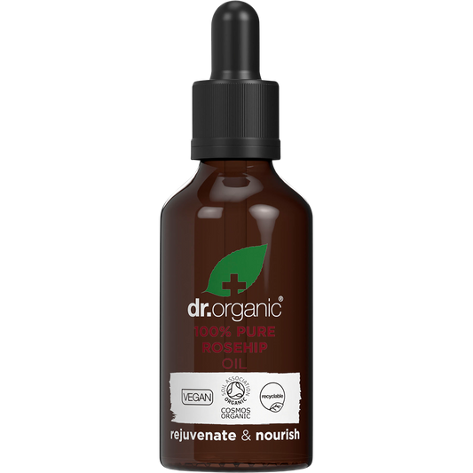 50ml bottle of Dr Organic 100% Pure Rosehip Oil with a dropper pipette on a white background.