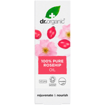Pink and white box for Dr Organic 100% Pure Rosehip Oil 50ml featuring floral illustrations.