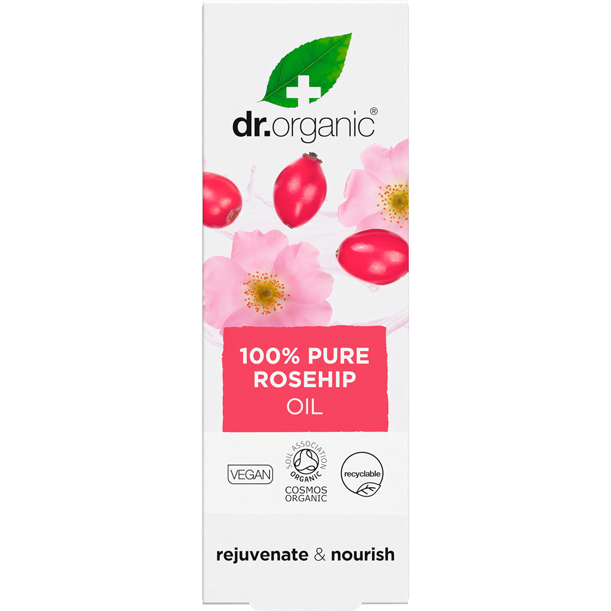 Pink and white box for Dr Organic 100% Pure Rosehip Oil 50ml featuring floral illustrations.