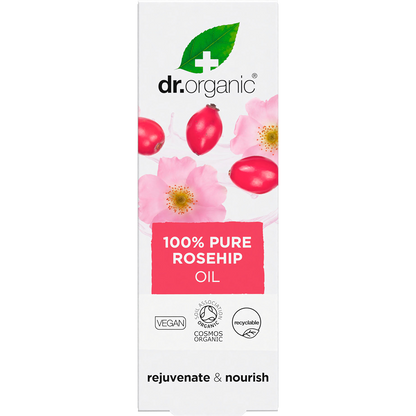 Pink and white box for Dr Organic 100% Pure Rosehip Oil 50ml featuring floral illustrations.
