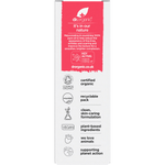 Back of Dr Organic Rosehip Oil box with product description, directions, and ingredients on a pink and white background.