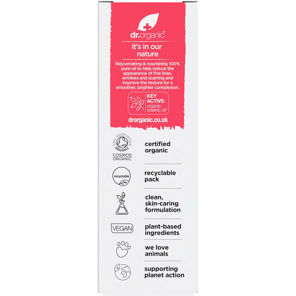 Back of Dr Organic Rosehip Oil box with product description, directions, and ingredients on a pink and white background.