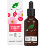 Dr Organic 100% Pure Rosehip Oil 50ml bottle with a dropper next to its matching pink and white product box.