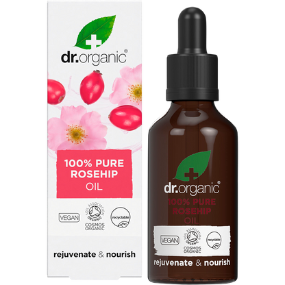Dr Organic 100% Pure Rosehip Oil 50ml bottle with a dropper next to its matching pink and white product box.