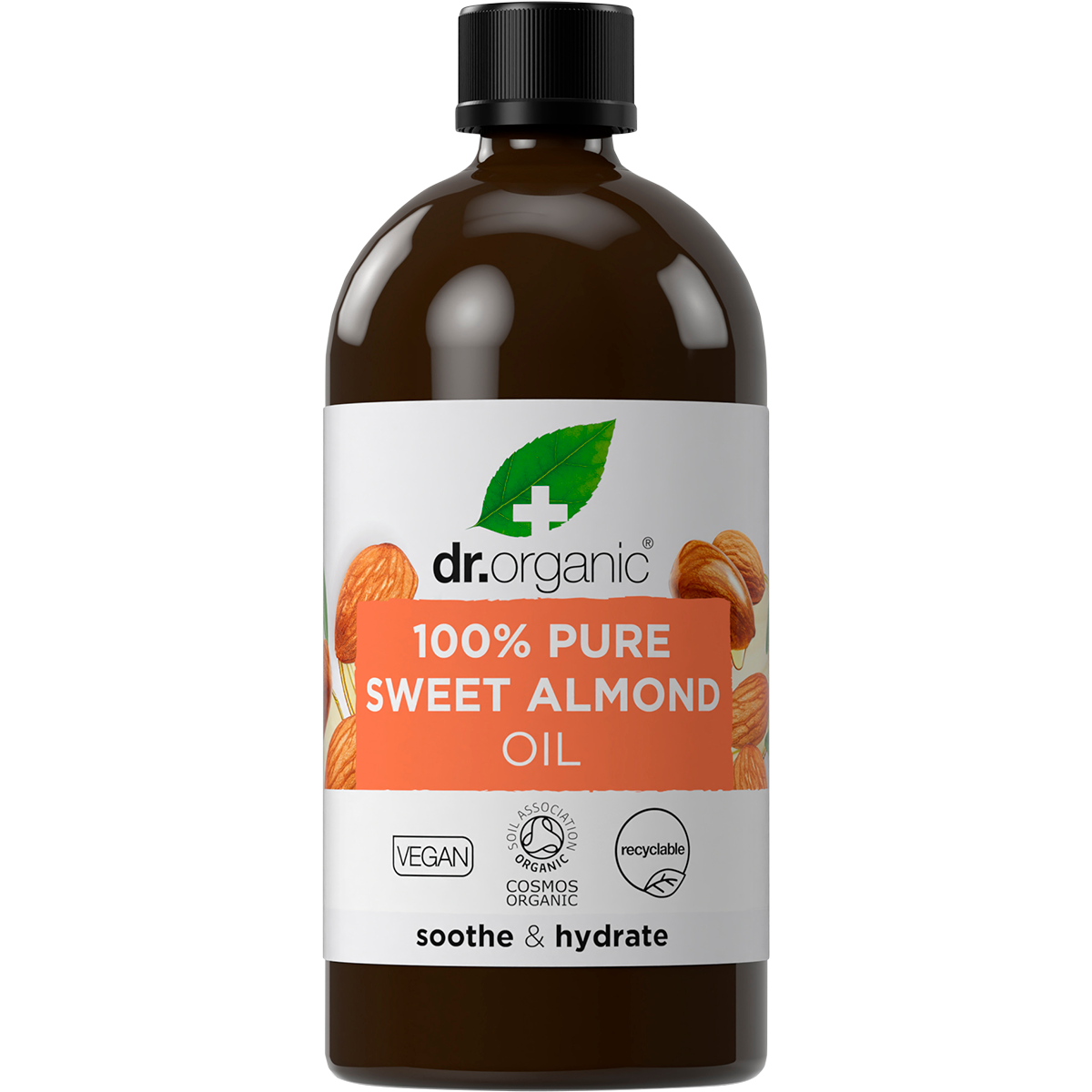 100ml bottle of Dr Organic Sweet Almond Oil, 100% pure and natural, for face, body, and hair hydration.