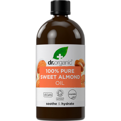 100ml bottle of Dr Organic Sweet Almond Oil, 100% pure and natural, for face, body, and hair hydration.