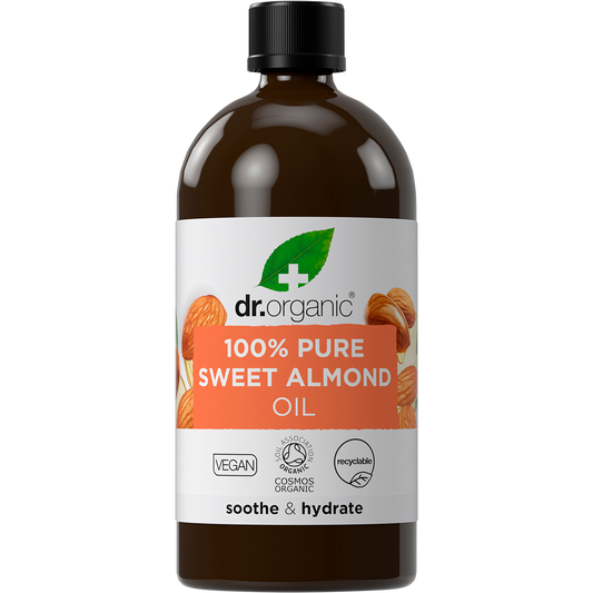 100ml bottle of Dr Organic Sweet Almond Oil, 100% pure and natural, for face, body, and hair hydration.