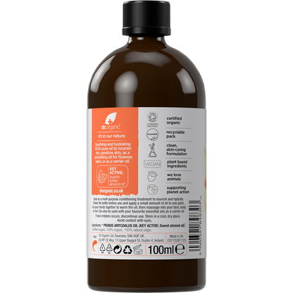 Rear view of the Dr Organic Sweet Almond Oil bottle showing ingredients, directions, and organic certification labels.