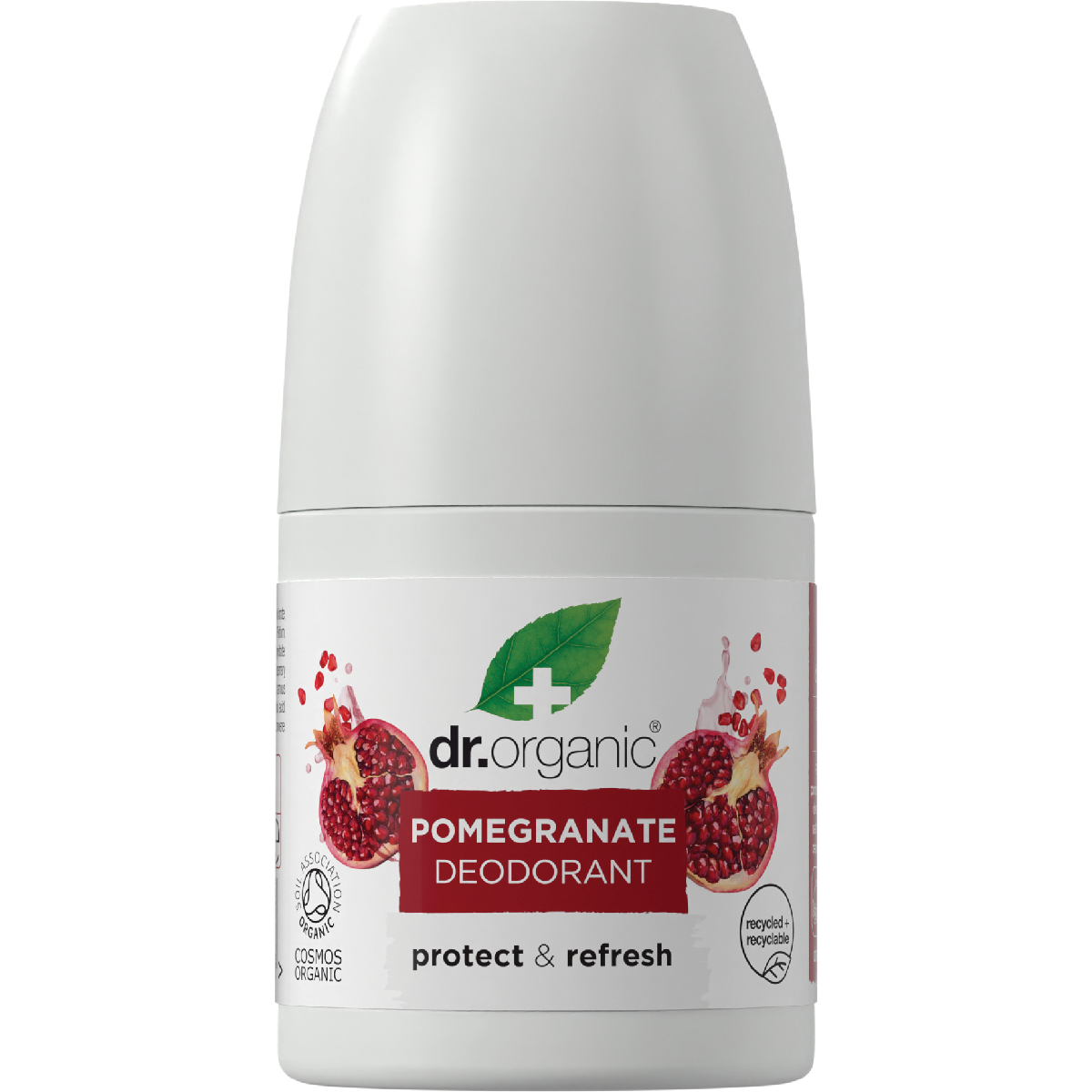 50ml bottle of Dr Organic Pomegranate Roll-On Deodorant with a white cap and pomegranate illustrations.