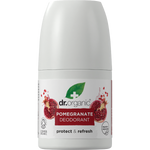 50ml bottle of Dr Organic Pomegranate Roll-On Deodorant with a white cap and pomegranate illustrations.