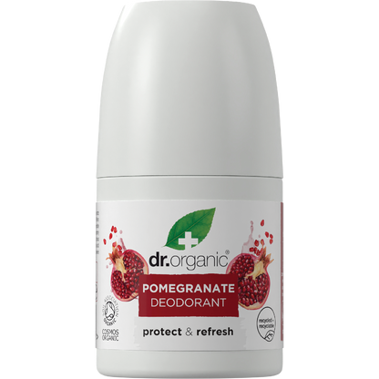 50ml bottle of Dr Organic Pomegranate Roll-On Deodorant with a white cap and pomegranate illustrations.