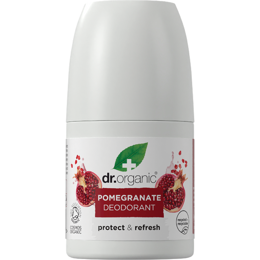 50ml bottle of Dr Organic Pomegranate Roll-On Deodorant with a white cap and pomegranate illustrations.