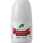50ml bottle of Dr Organic Pomegranate Roll-On Deodorant with a white cap and pomegranate illustrations.